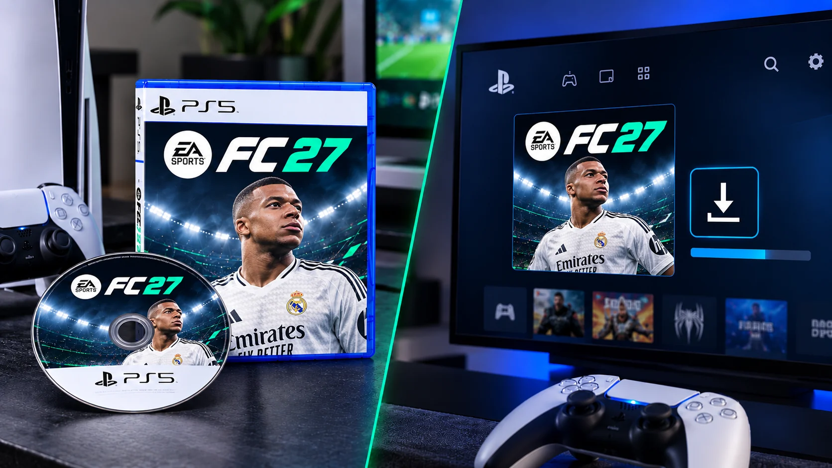 המחשה של רכישת פיפא 27 בדיסק ל-PlayStation 5 לעומת הורדה דיגיטלית