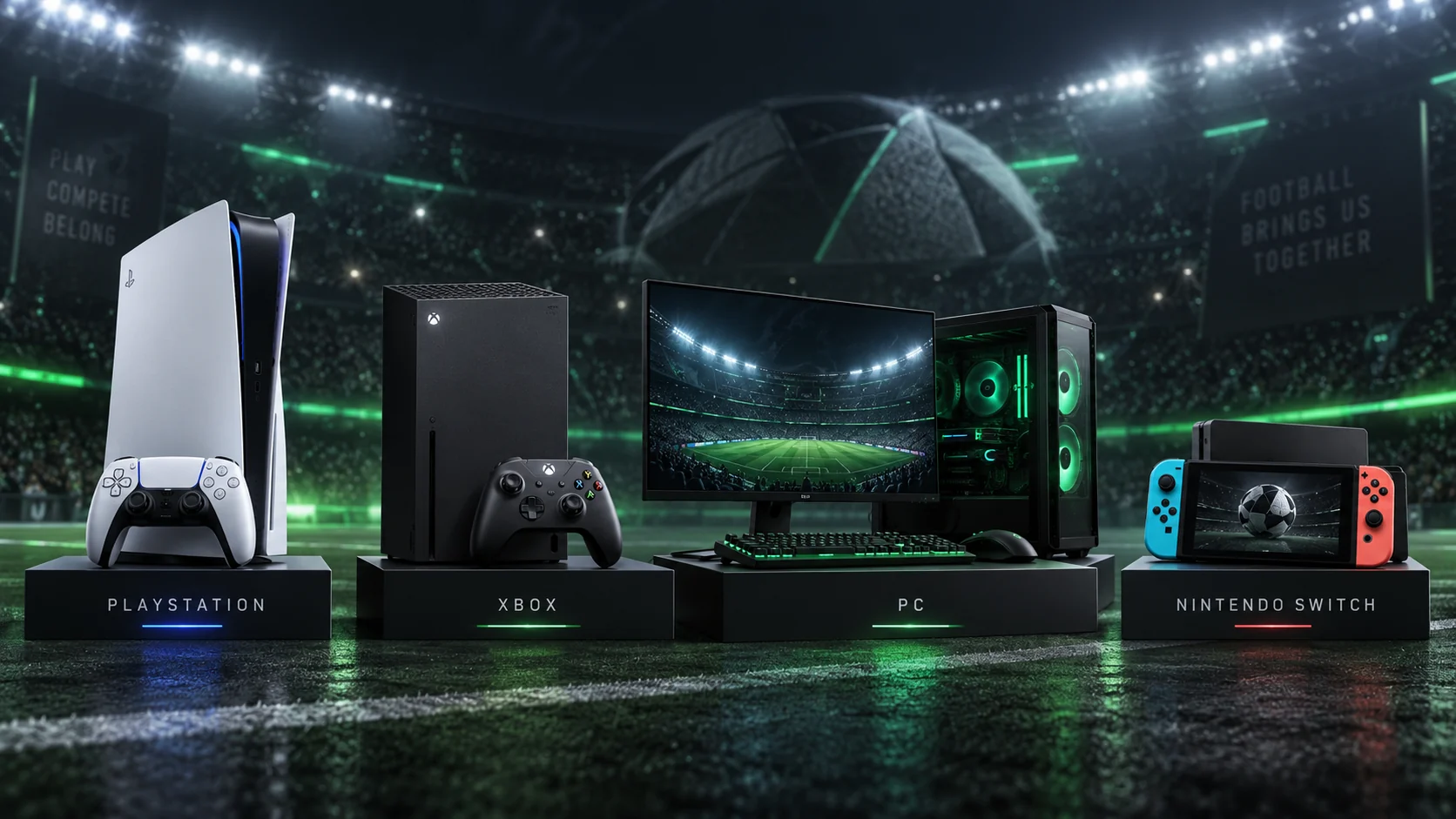קונסולות PlayStation, Xbox ו-Nintendo Switch לצד מחשב גיימינג באצטדיון, להמחשת בחירת פלטפורמה לפיפא 27